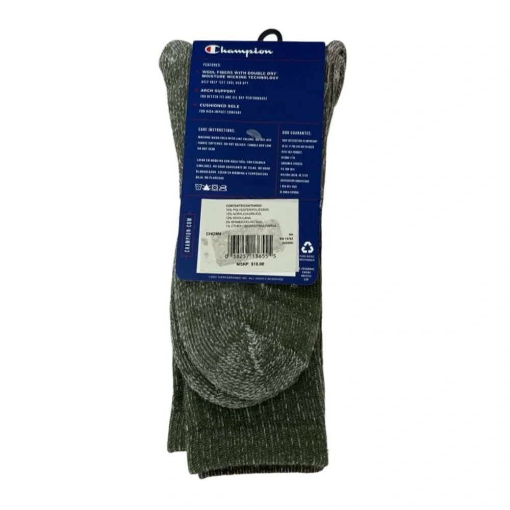 Champion Outdoor Athletic Wool Blend 2 Pack Crew Socks Size 6-12 NWT